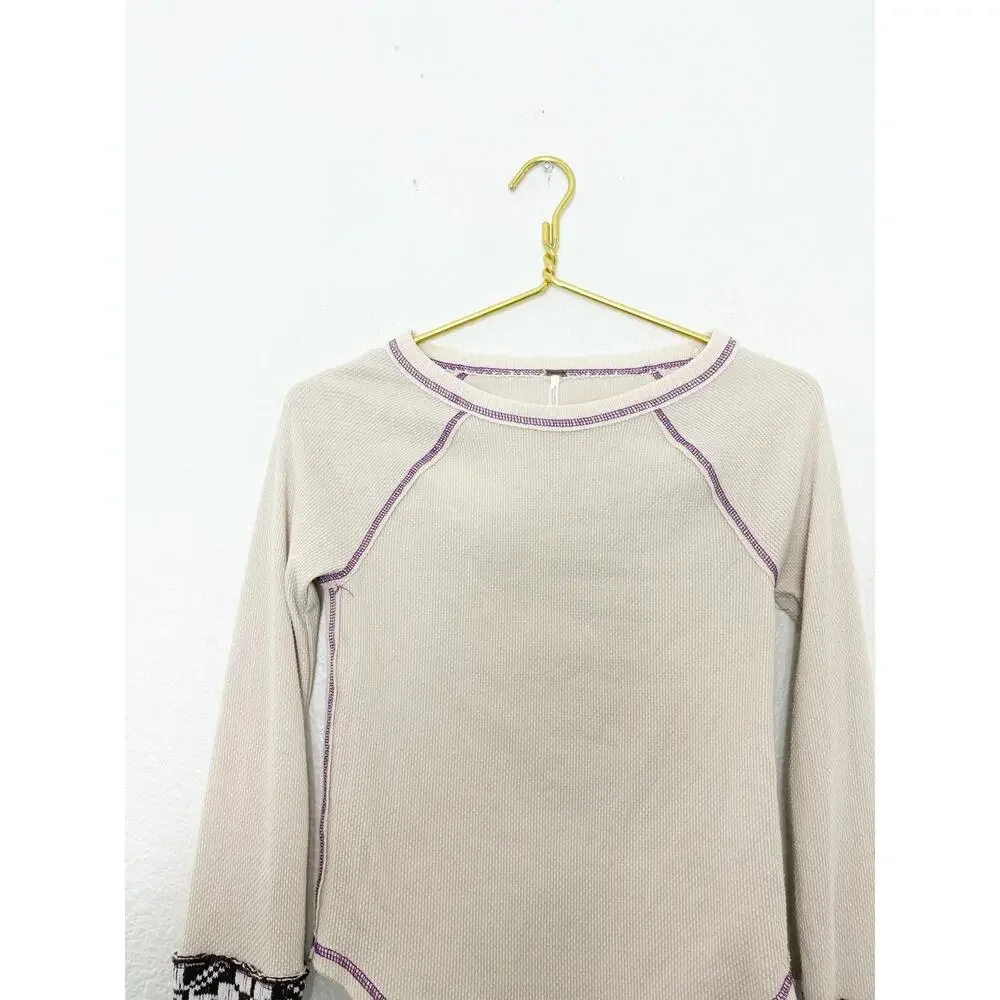 Free People She's Reversible Cuff Thermal Tee Oatmeal Size Small Bohemian